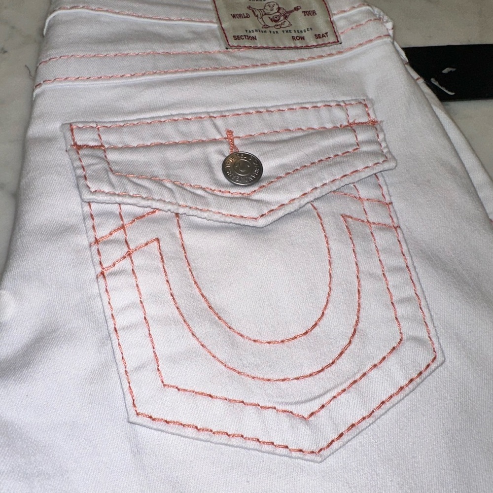 NWT True Religion Jennie Curvy Mid Rise Super Skinny White with Orange Size 31 - Picture 12 of 12